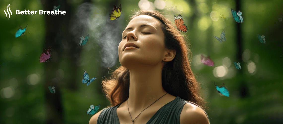 Woman performing deep breathing exercises with colorful butterflies