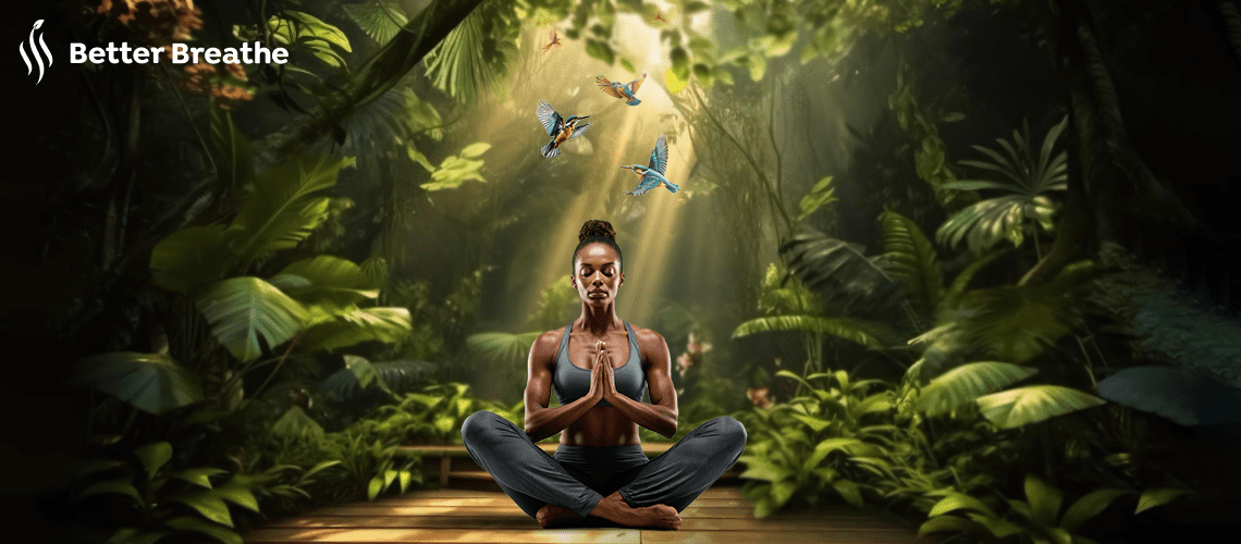 A woman practices breathing exercises for relaxation and mindfulness